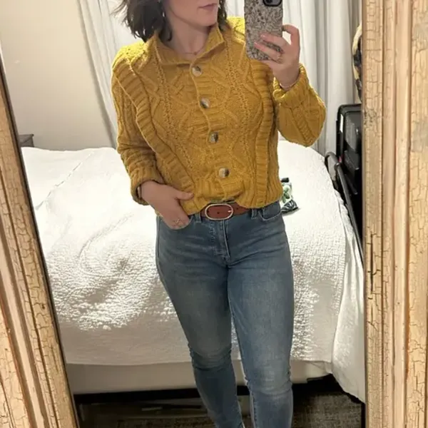 Central Park West Mustard Cable Knit Cardigan Sweater SMALL Cottage Prairie $181 - Image 5