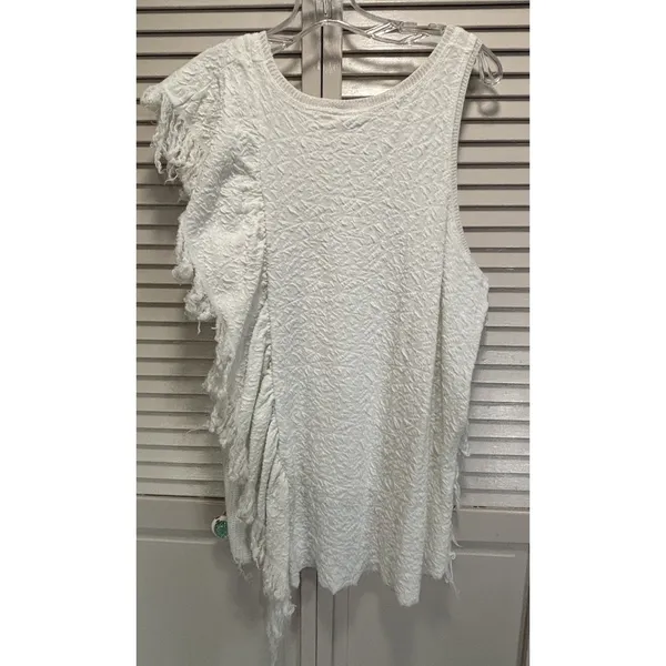 Free People Knit Soft Sweater Shark Sleeveless Raw Fringe Size Sm‎ Ivory - Image 4