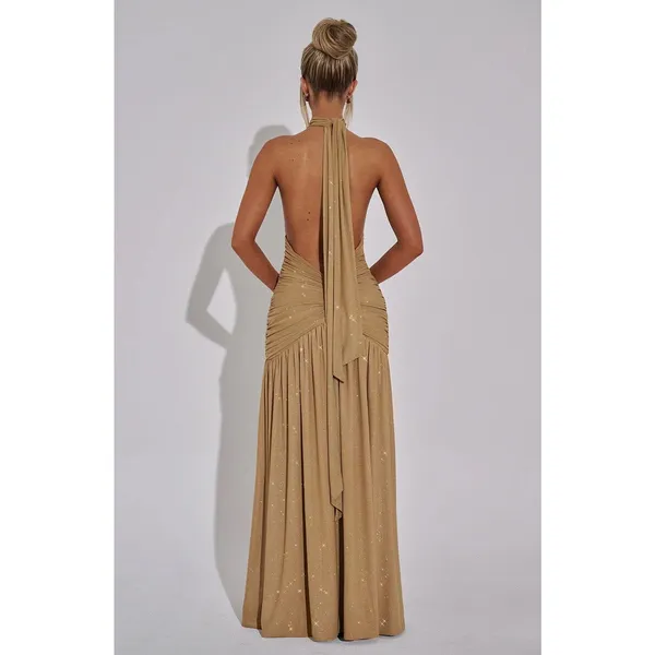 NWT Babyboo Melania Gold Sparkle Ruched Halter Plunge V-Neck Maxi Dress Size M - Image 4