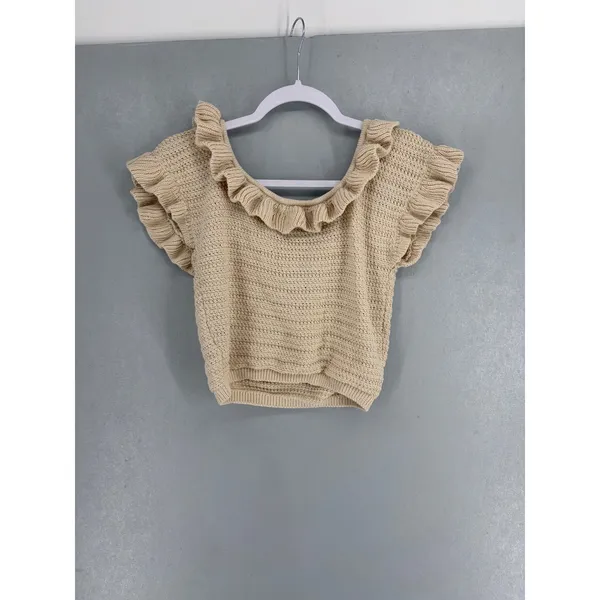 H&M Womens Sweater Top Beige Ruffle Neck Short Sleeve Knit Medium - Image 3
