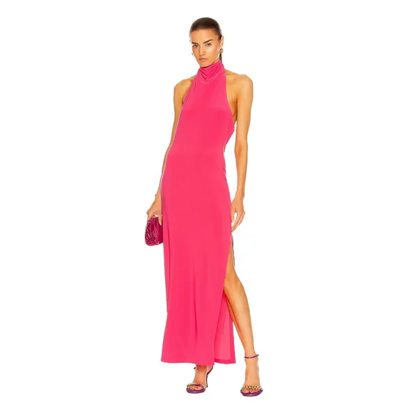Norma Kamali Halter Turtleneck Side Slit Maxi Dress Size XS Coral Jersey Stretch - Image 3