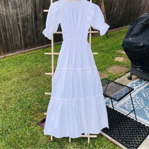 White Cotton Blend Tiered Puff Sleeves Maxi Dress M - Image 7