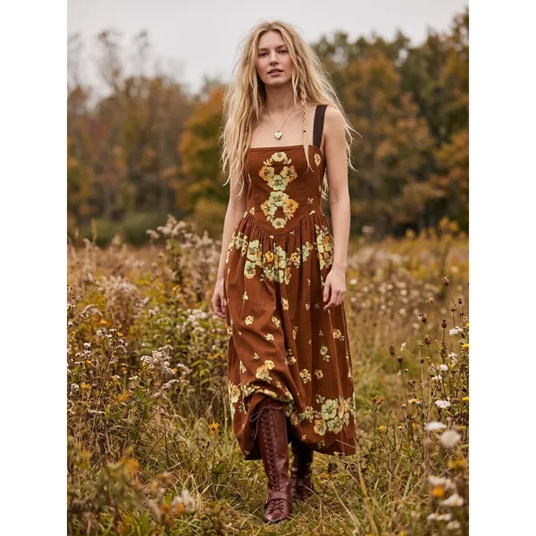 Free People Dainty Cottage Micro Corduroy Until Dawn Midi Dress Brown Small - Image 15