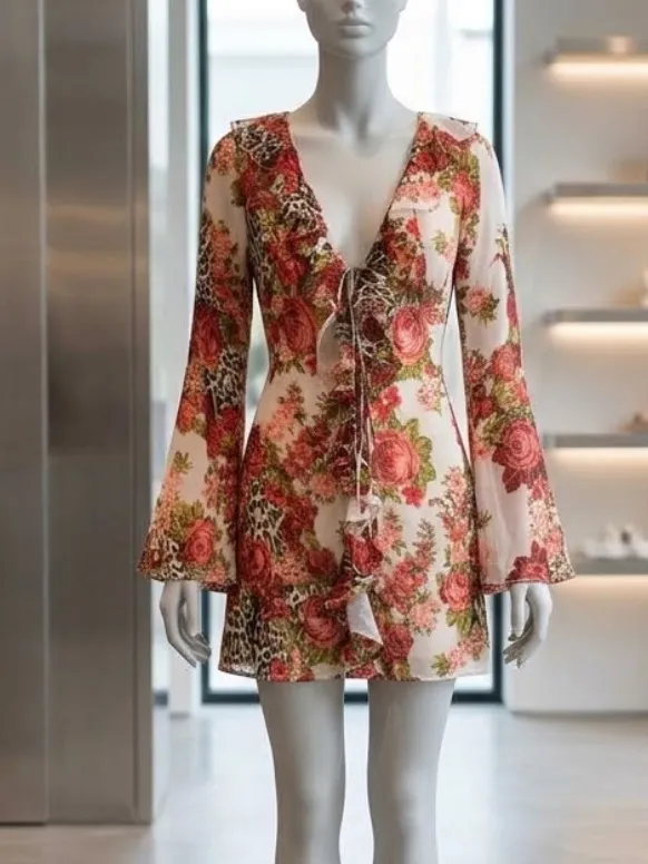 NWOT ASOS DESIGN chiffon Dress in mixed animal rose print SZ-6 - Image 2