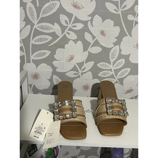 A New Day Rhinestone Buckle Slide heel Sandals Beige/Tan Women’s US 8 Slip On - Image 3