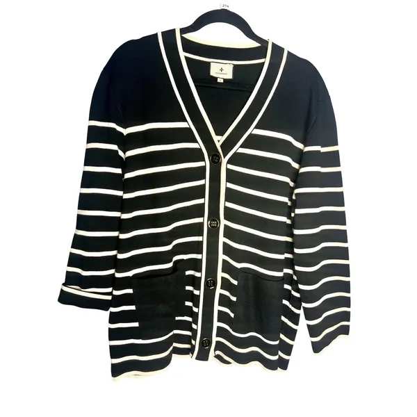 Tuckernuck Lauren Cardigan Size Small Black White Striped V Neck Sweater‎ - Image 3
