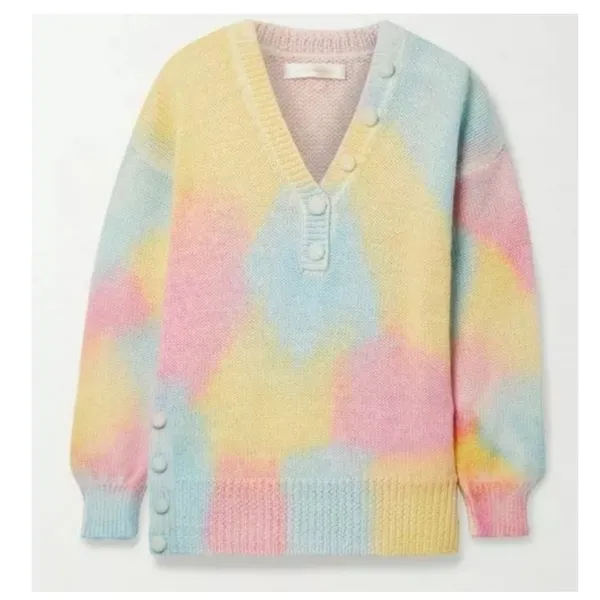 LoveShackFancy Naveen Alpaca Blend Pastel Tie Dye V-Neck Oversized Cozy Sweater - Image 3