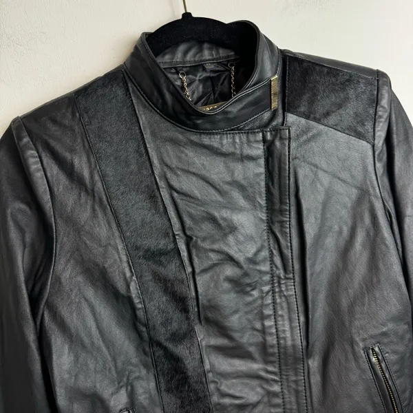 IMAN Genuine Leather Zip Jacket Sz XS Womens Fur Moto - Image 5