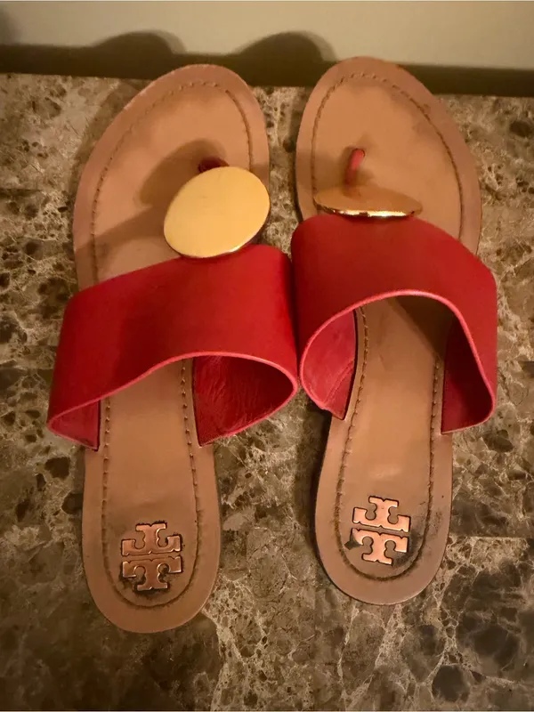 Tory Burch Red Leather Slide Sandals with Gold Medallions - Image 4