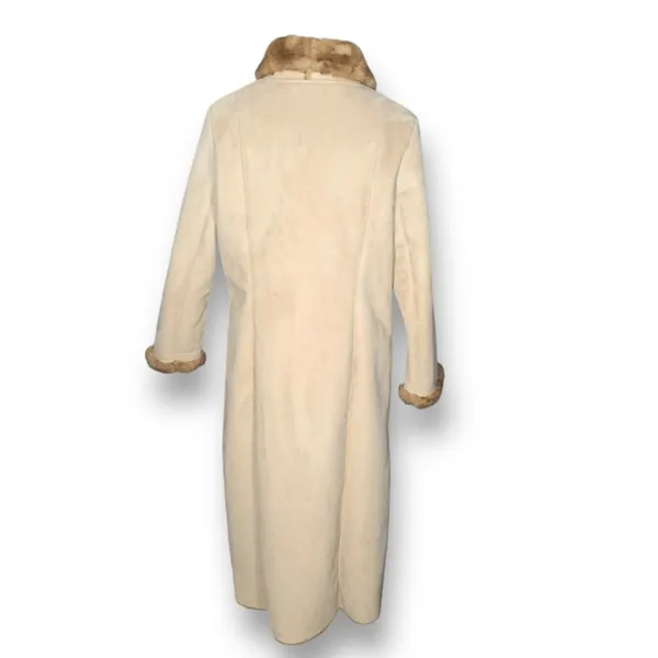Vintage 90s Longline Cream Vegan Suede Leather Coat Faux Fur Collar Trim Large‎ - Image 8