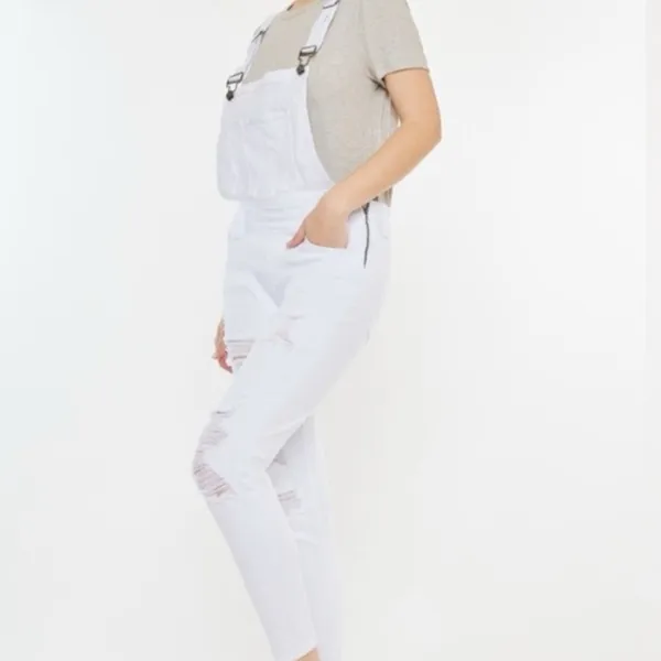 KanCan Minimalist White‎ Distressed Adjustable Stretch Topanga Overalls Size Med - Image 4