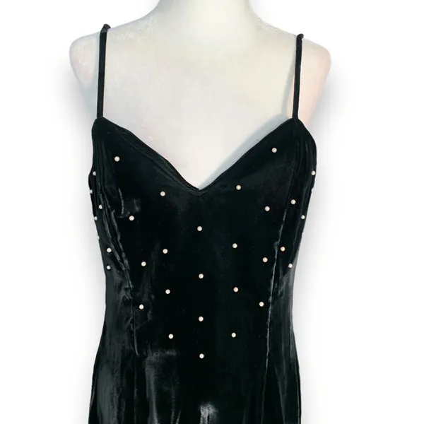 Vintage‎ Black Velvet Pearl Beaded Maxi Slip Dress 90s Formal Evening Size 10 - Image 6