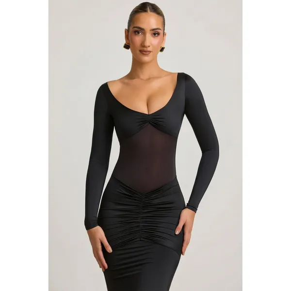 Oh Polly Alila‎ Bow-Detail Ruched Maxi DressNWT Size US 4 Black - Image 4