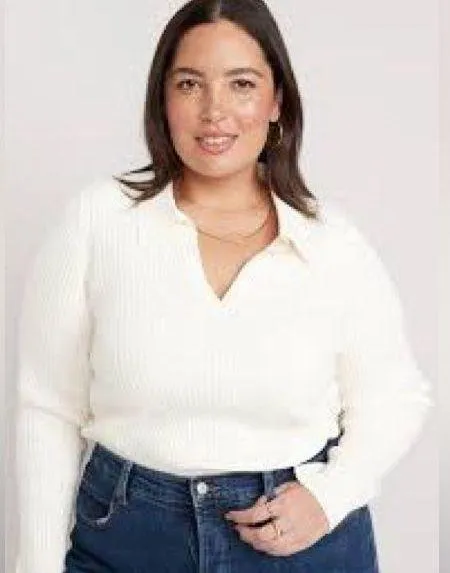 Old Navy Rib-Knit Johnny Collar Sweater Top (Sz XXL) White Ribbed Long Sleeve - Image 2