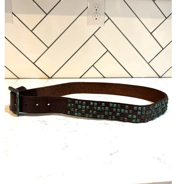 Vintage Brown leather metal turquoise patina studded belt size 34-38” western - Image 4