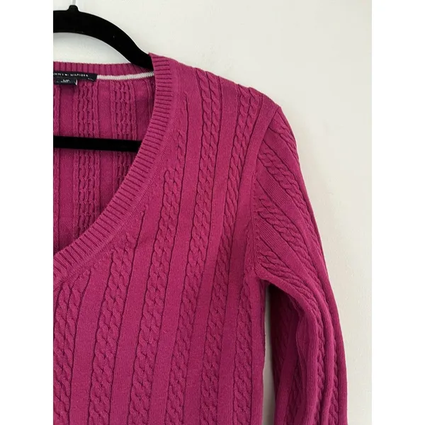 Tommy Hilfiger Purple Fitted V Neck Cable Knit Sweater Women’s Size Small - Image 3