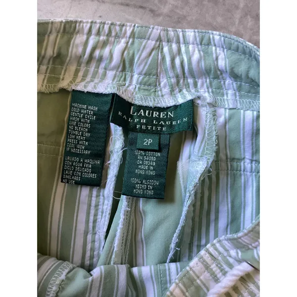 Lauren Ralph Lauren Green Striped Wide Leg Crop Pants 2P Drawstring Cotton - Image 5