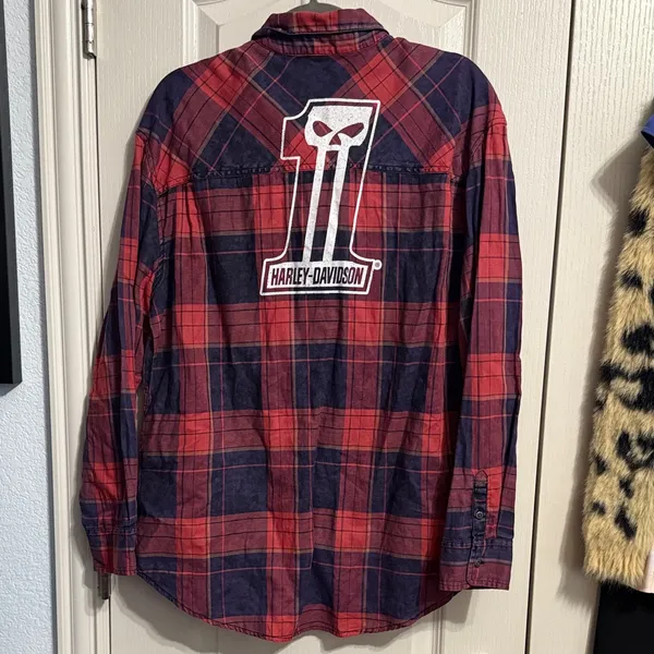 Harley‎ Davidson Plaid Long Sleeve Logo Patch Shirt Biker Grunge Indie Sleaze - Image 3