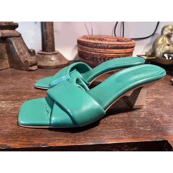 DNA Footwear Green Crossover Strap Square Toe Leather Mules Wooden Heel 39 8.5 - Image 4