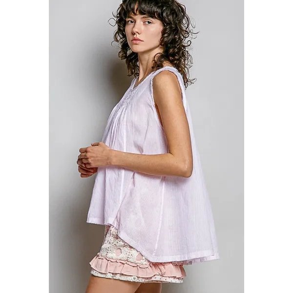 POL Round Neck Sleeveless Striped Pleated Cotton Top -‎ Pink - Small - Image 2