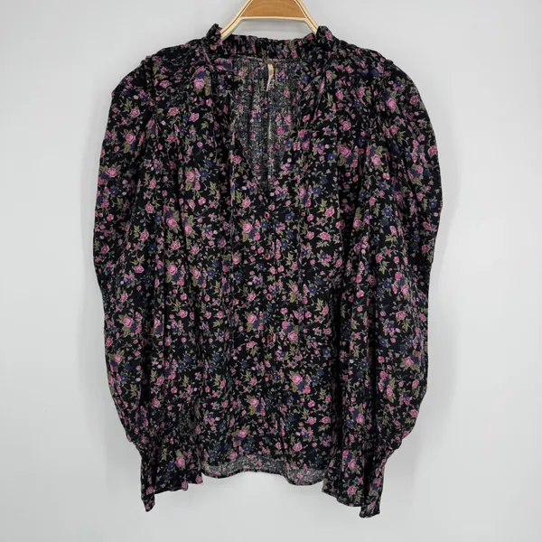 Free People Meant to Be Blouse Medium Black Floral Boho Romantic Puff Sleeve Top - Image 2