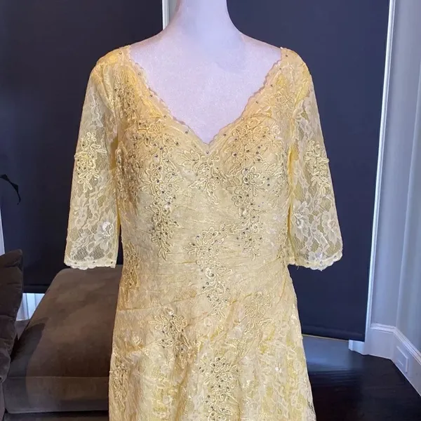 Women’s Yellow Lace Full Length Dress Mother of the Bride Small Train Zip Size L - Image 2