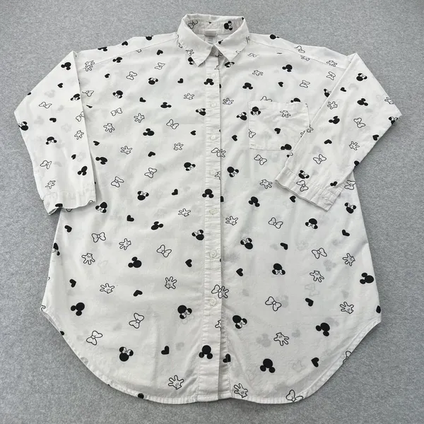 Disney Minnie Mouse Button Down‎ Long Sleeve Tunic Sleepwear White/ Black Medium - Image 5