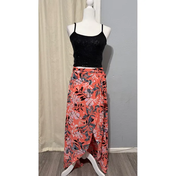 bebe Maxi Skirt Size 8 Coral Floral Wrap High Low Tropical Summer Tie Waist - Image 4