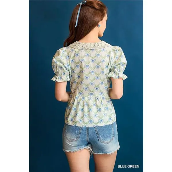 Umgee‎ Lace Detail Bow Print Flounce Sleeve Blouse - Image 3