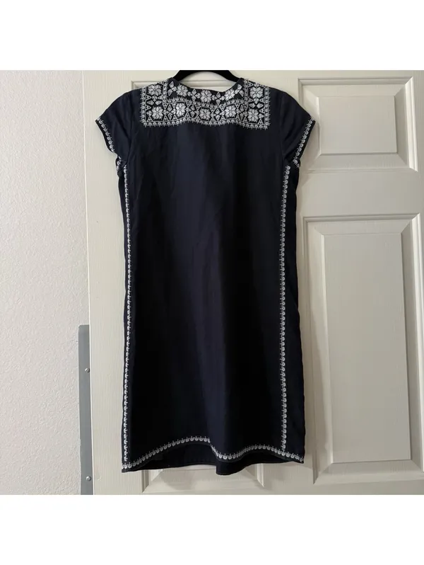 Calypso St. Barth 100% Linen Navy Blue White Embroidered Shift Dress Mini Small - Image 11