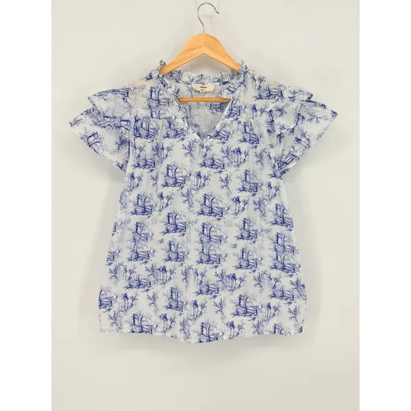 Entro Toile Flutter‎ Sleeve Blouse Womens Small White Blue Flutter Sleeve Ruffle - Image 3