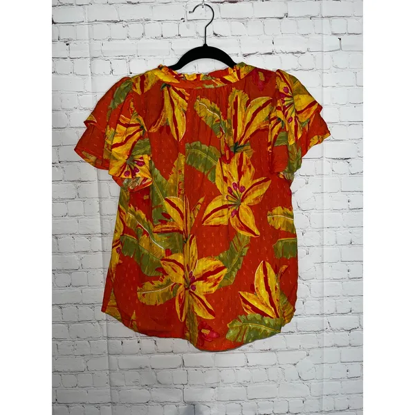 Haute Hippie Orange Tropical Floral‎ V-Neck Tiered Flutter Sleeve Blouse Small - Image 4