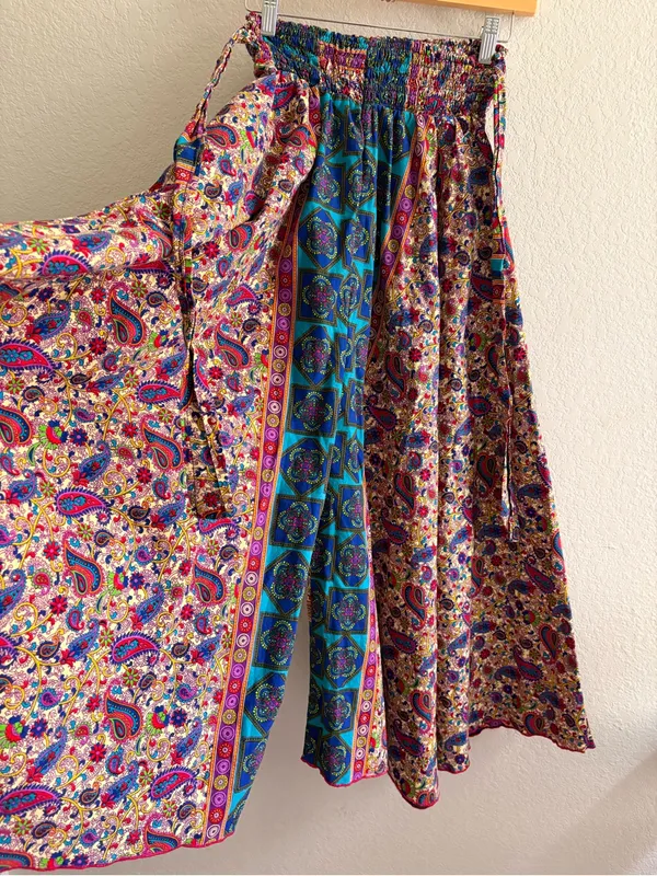 Handmade Boho Paisley Wide Leg Palazzo Pants Smocked Waist Floral Border XS/S - Image 2
