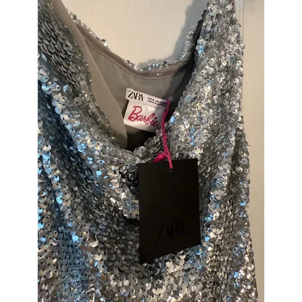 ZARA x BARBIE MATTEL Silver Sequined Tulle Long Maxi Dress Gown Size M NWT - Image 8