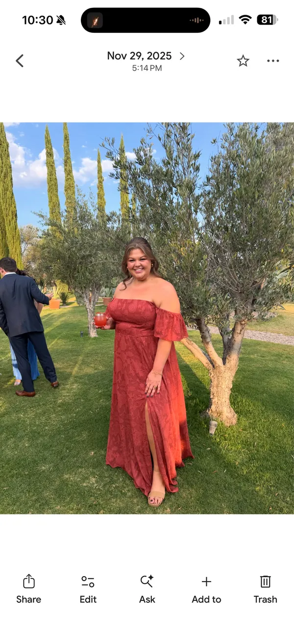 Azazie Off-Shoulder Rust Floral Jacquard Gown with Front Slit - Image 3