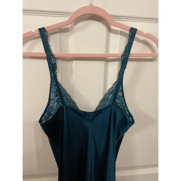 Vintage Victoria’s Secret Gold Label Satin Lace Teal Slip Side Slit Gown, M - Image 7