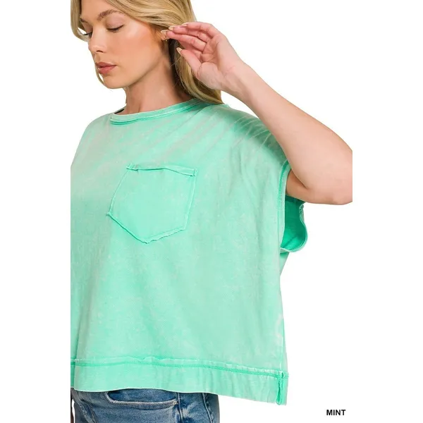 Zenana Acid Washed‎ Round Neck Short Sleeve Oversized T-Shirt - Mint - Medium - Image 4