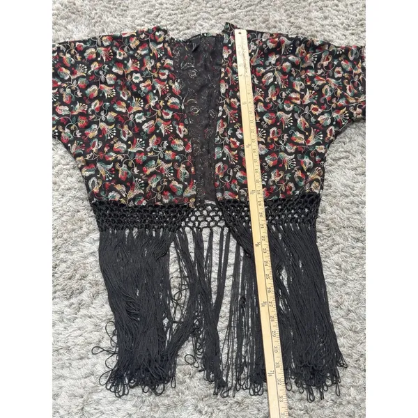 Forever 21 Women’s Sheer Kimono Cardigan Black Embroidered Fringe Boho Festival Size S - Image 11