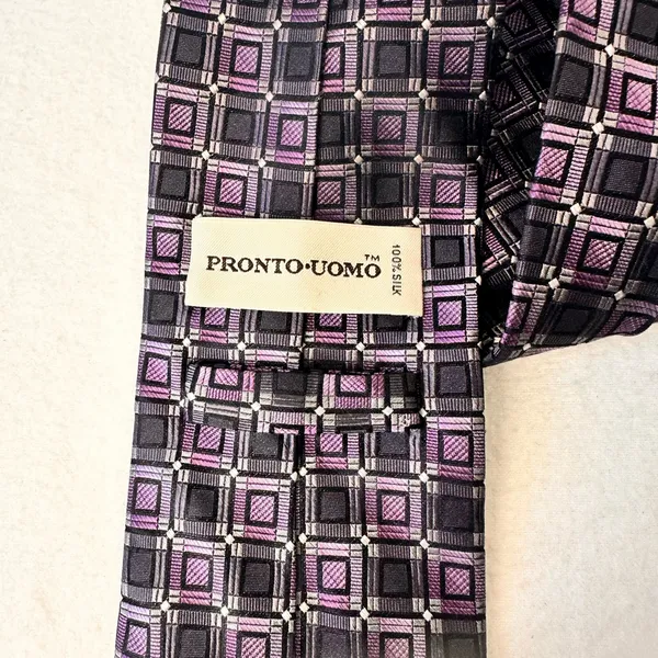 Pronto Uomo Silk Tie Men's Grey Purple Designer Necktie Office Geometric Carrier - Image 5