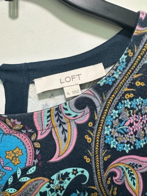 Loft Paisley Dress Size XL Blue Pink Long Sleeve Keyhole - Image 2
