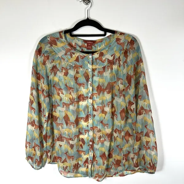 Sundance 100% Silk Deer Print Button Up Blouse Top‎ Blue Size XS Boho Western - Image 2