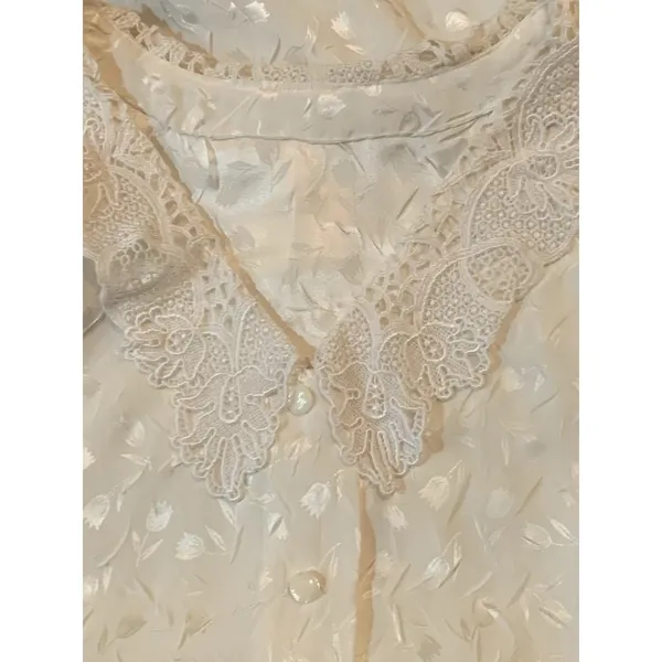 Vtg Ivory Long Sleeve M Blouse Crochet Collar Victorian Feminine Tulip Print EUC - Image 2