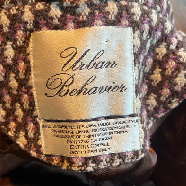 Urban Behavior Wool Peacoat Cream Brown Purple Classic Preppy size xs - Image 2