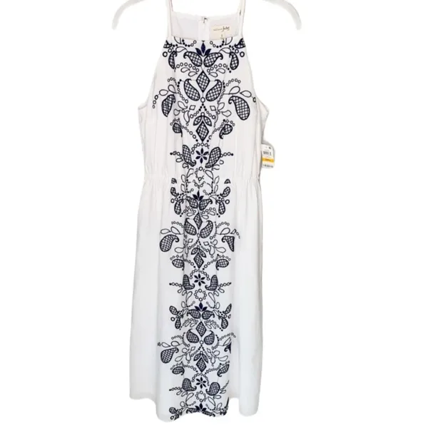 Maison Jules White with Navy Embroidery Sleeveless Midi Dress NEW size Small - Image 4