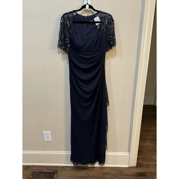 Xscape Long Sheer Matte Jersey Ruched 3/4 Bead Sleeve‎ Navy 5059X Size 6 - Image 3