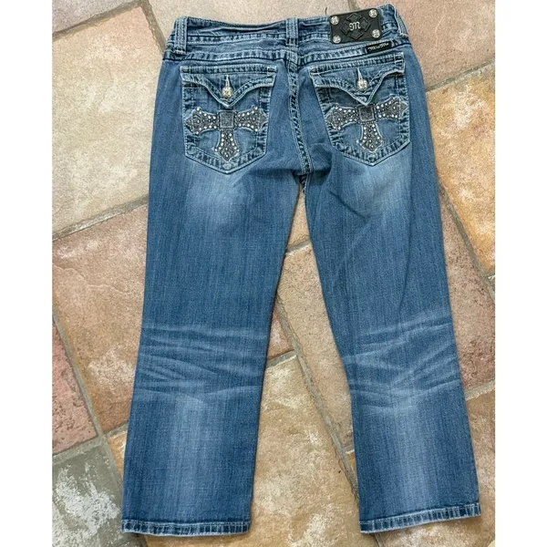 Miss Me Capri Size 29 Flap Back Pocket Bling Cross Grunge Y2K Denim Jeans - Image 5