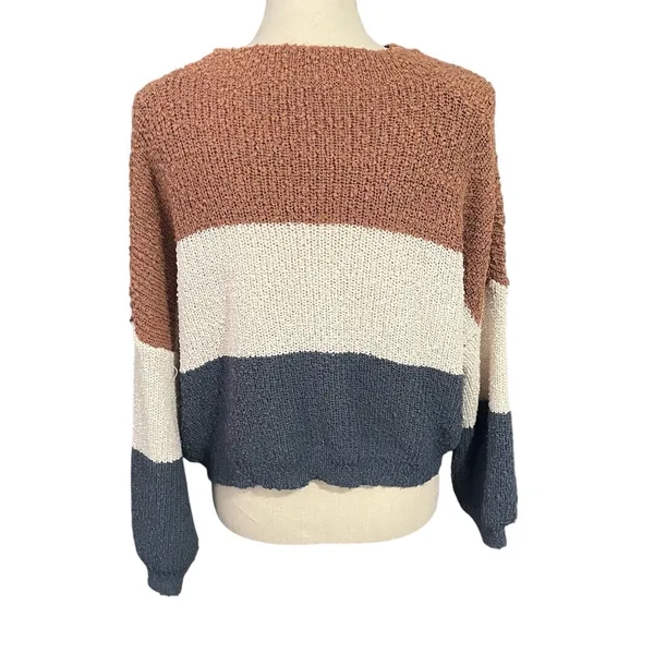 Debut NWOT Women's Brown Cream Blue Wide Stripe Cropped Sweater Sz M Cozy - Image 3