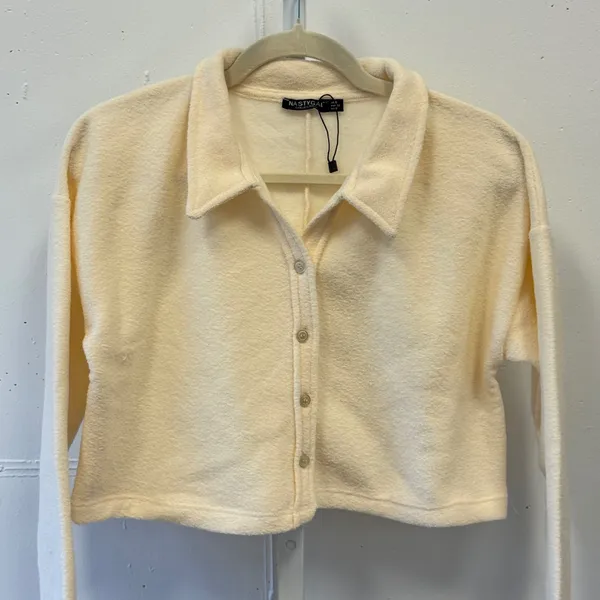 Nasty Gal Collection Cream Cropped Boxy Cardigan Button‎ Front Textured Top US 2 - Image 3