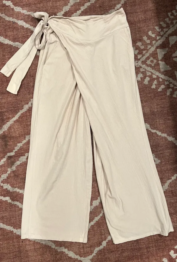 Celmia Wrap Front Wide Leg Pants Beige Breathable Cotton Size Large - Image 3