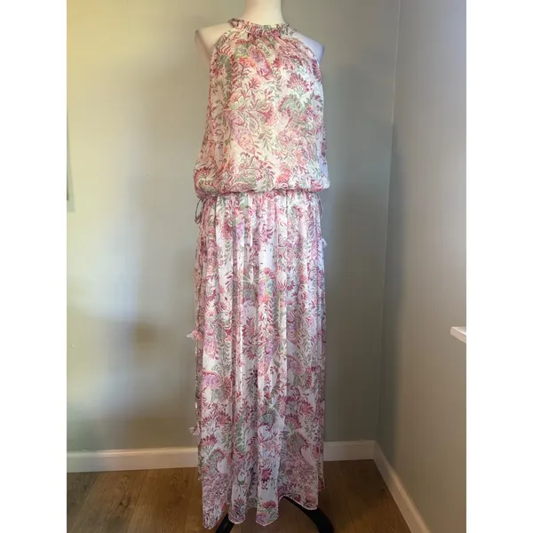 MISA Floral Halter Maxi Dress Pink Green XS/S Boho Chiffon flowy romantic whimsi - Image 7